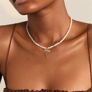 Gold Bow Necklace for Women - 18K Gold Plated Dainty Gold Necklace Cute Small